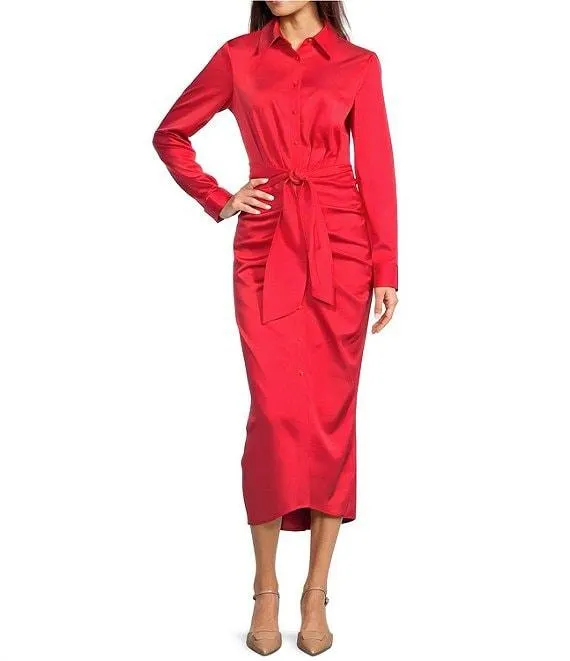 Adriana Long Sleeve Collared Tie Waist Maxi Dress