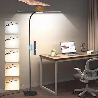 Syrinx LED Floor Lamp, Dual Head Gooseneck Floor Lamps for Living Room with Gesture Switch & Remote Control, 14W Bright Tall Standing Lamp Modern Eye-Caring Reading Floor Lamp for Bedroom Office