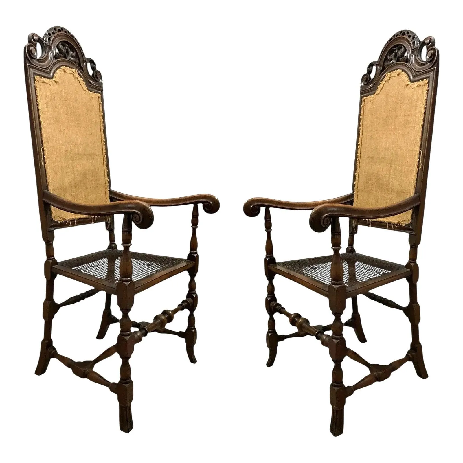 Early 20th Century Chairs Pair Cane Seat High Back Armrest European Style