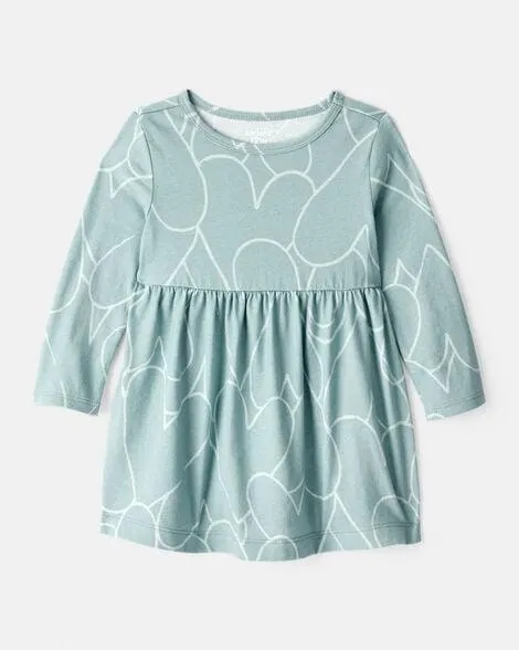 Baby Girl Heart Print Long Sleeve Cotton Dress - Green