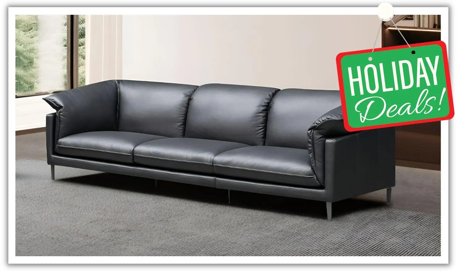 Klaussner Dolce Black 3-Seater Stationary Leather Sofa with Down Cushion