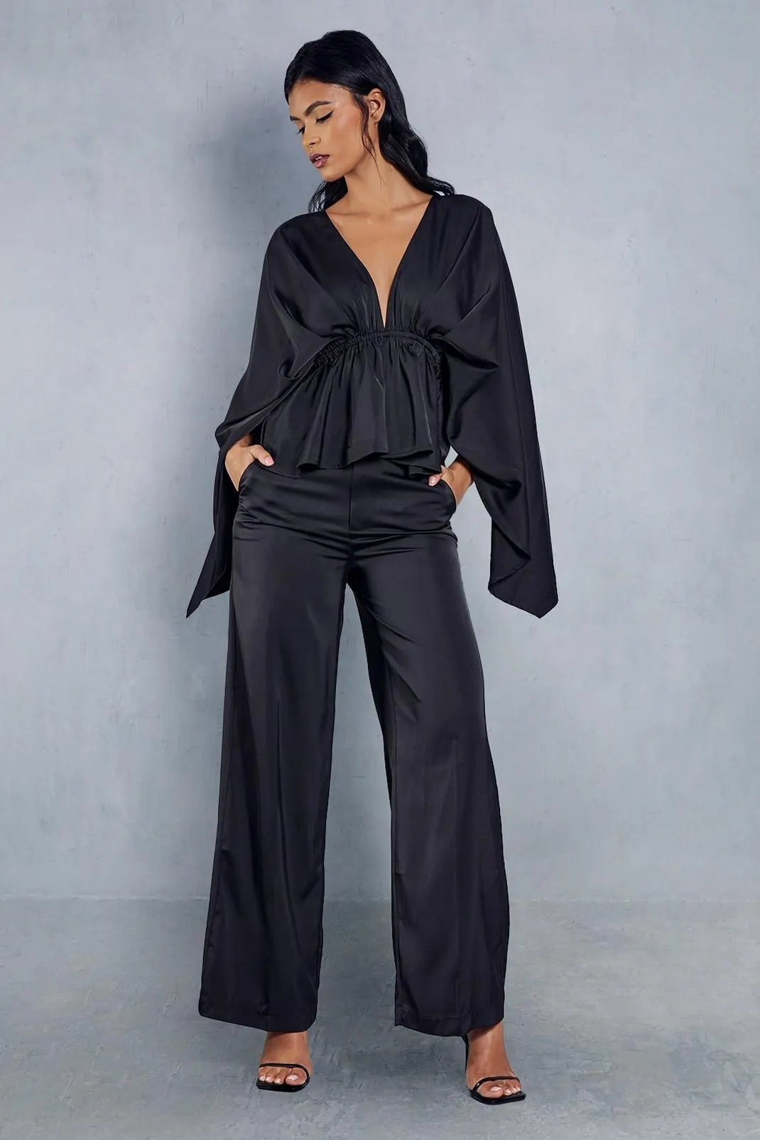 Satin Plunge Exaggerated Sleeve Wide Leg Trouser Co Ord