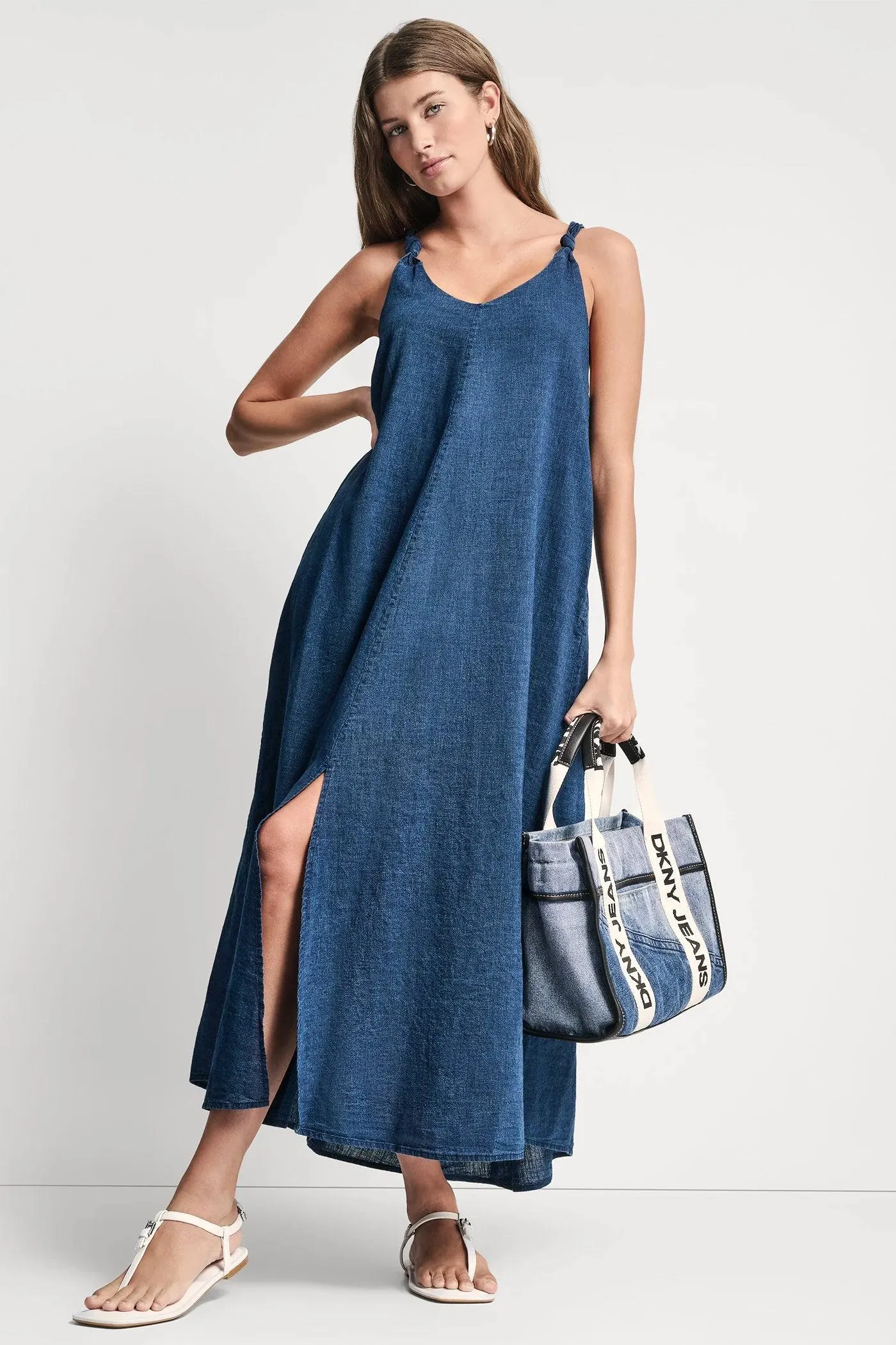 KNOTTED STRAP V-NECK MAXI DRESS