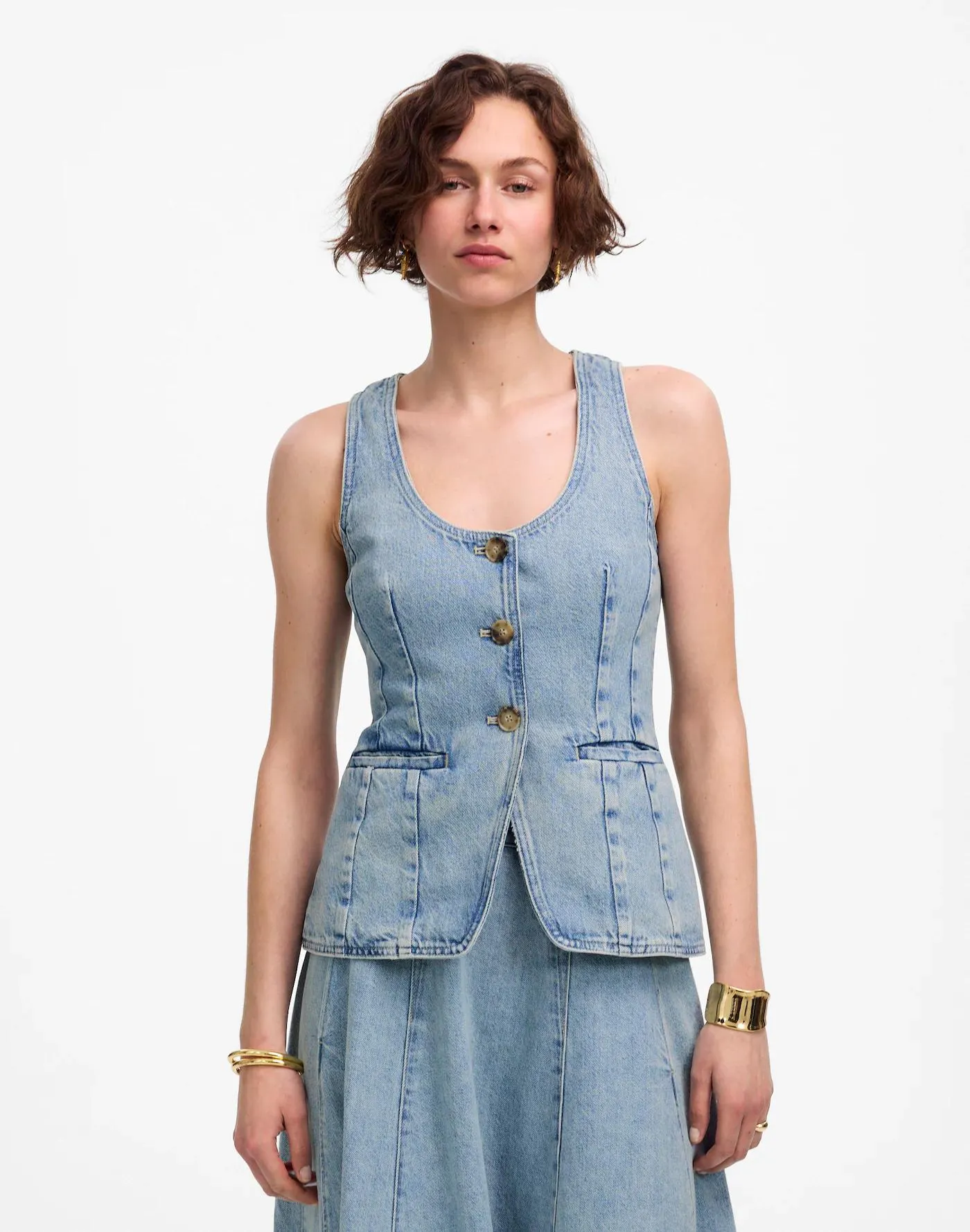 Denim Scoopneck Cutaway Vest in Edmonson Wash