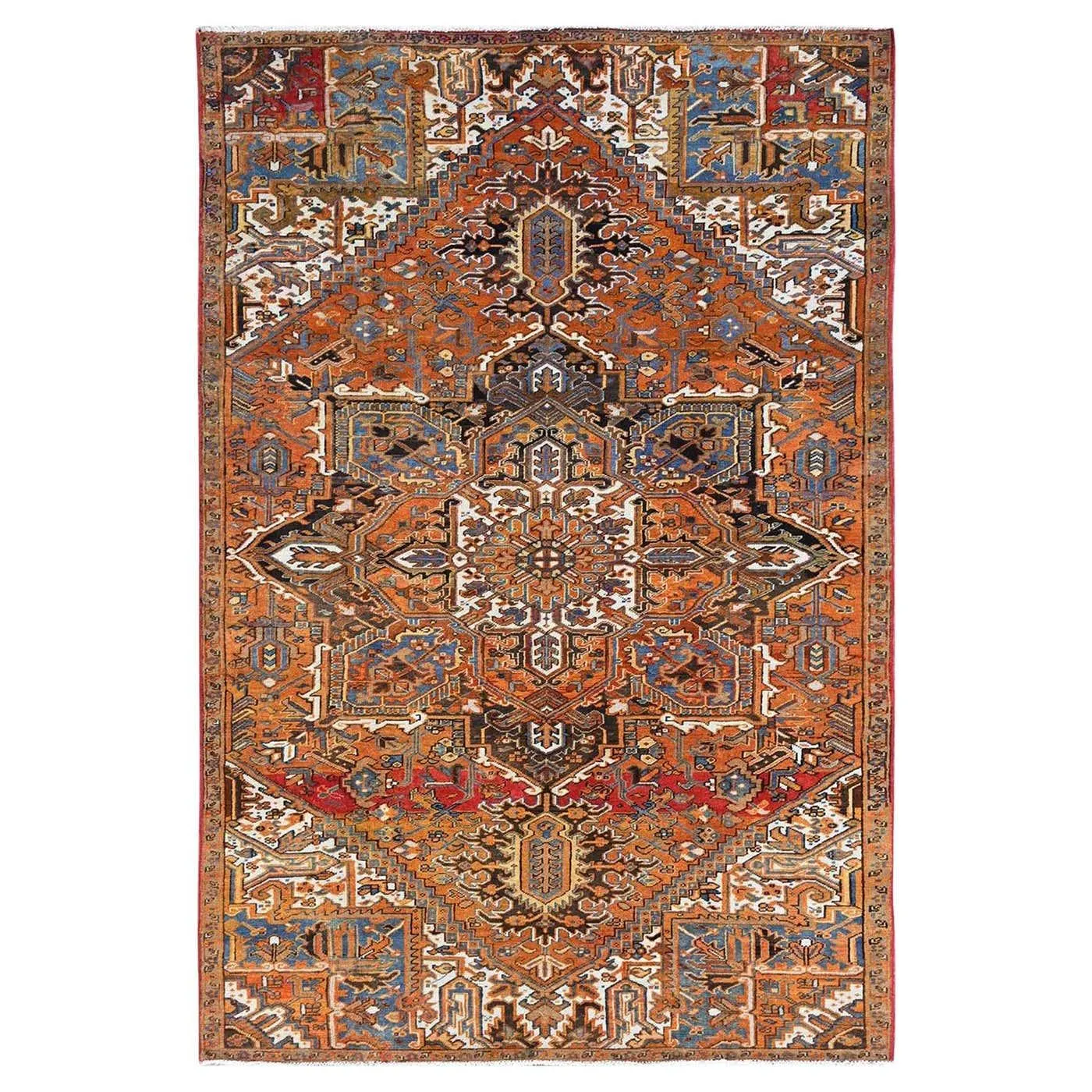 6'10"x10'8" Vivid Orange Vintage Persian Heriz Hand Knotted Wool Oriental Rug