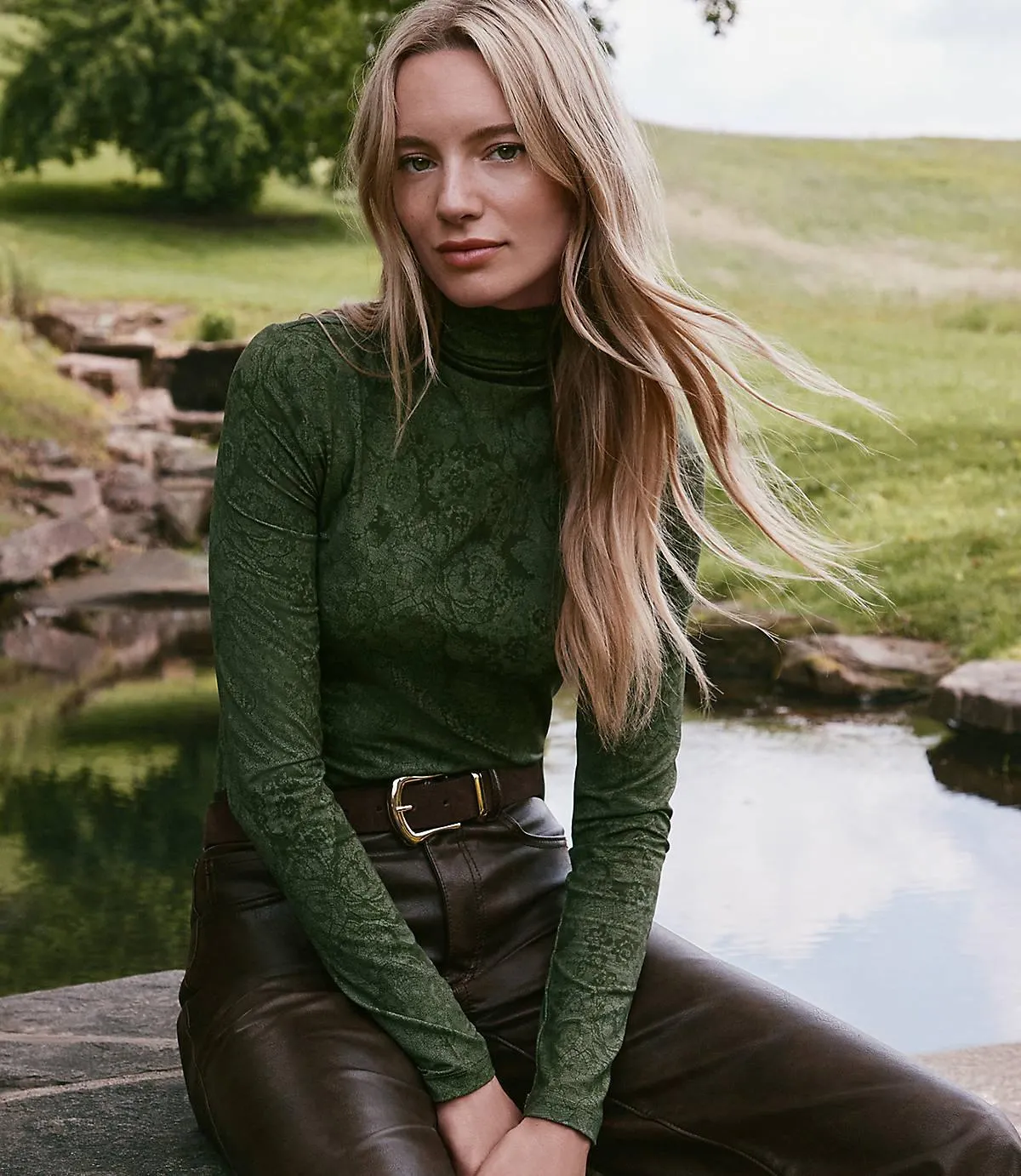 Lace Print Jersey Turtleneck Top