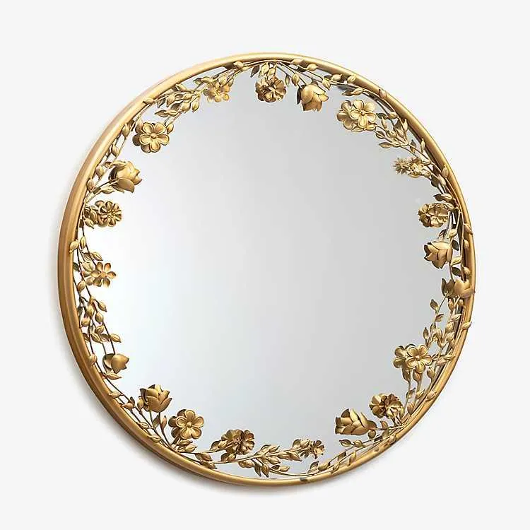 Round Gold Dainty Floral Wall Mirror