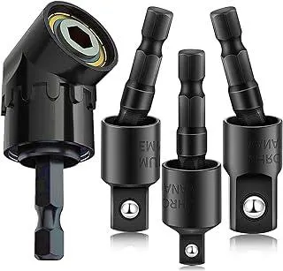 Right Angle Drill Adaptor,4-in-1 Impact Drill Bit Extension,360° Rotatable 1/4 3/8 1/2" Impact Grade Socket Adapter Set,105 Degree Angle Screwdriver Drill Bit for Household Workplace Industry