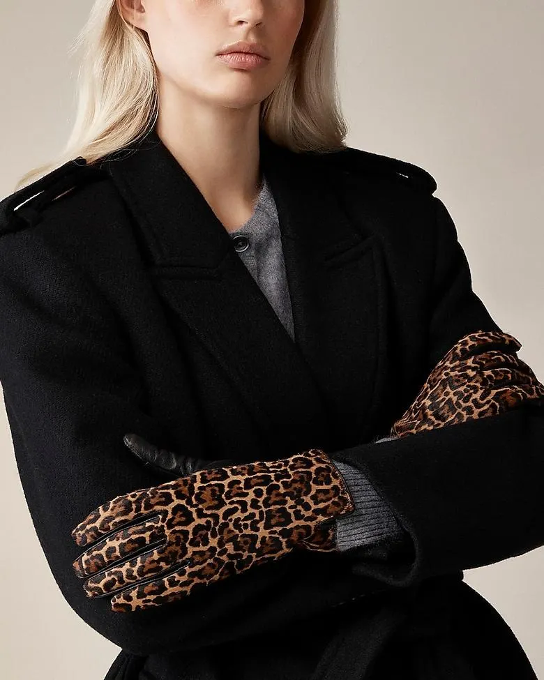 Leopard-print calf hair and leather touch-tech gloves