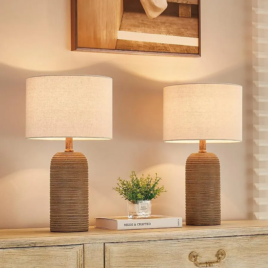 KAWOTI 18.5-in Brown LED Rotary socket Table Lamp with Linen Shade 2 -Set