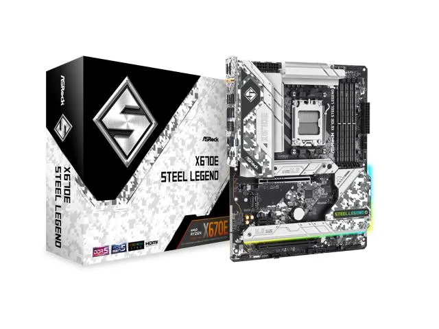 ASRock X670E Steel Legend AM5 ATX Motherboard. 4xDDR5 slots, PCIE 5.0X16, AMD Cross Fire, QuadM.2 slots, Dual LAN ports 1GB and 2.5GB , WIFI-6E,7.1 HD audio, HDMI 2.1, DP 1.4 ports