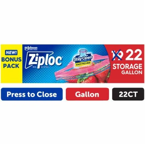 Ziploc® Gallon Storage Bags, Stay Open Design, Easy to Fill, 22 count