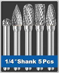 5Pcs Carbide Burr Set 1/4 Shank w/Clear Box Head Dia 8mm Die Grinder Bits Rotary Tools Attachment Kit Rasp File Accessories Metal Wood Stone Steel Grinding Deburring Cutting Porting Carving