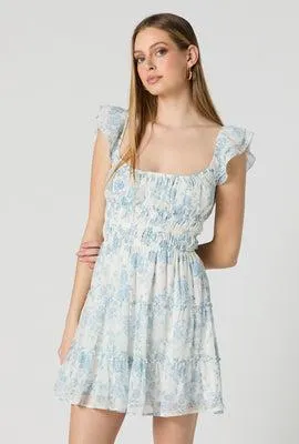 White Floral Smocked Flutter Sleeve Mini Dress