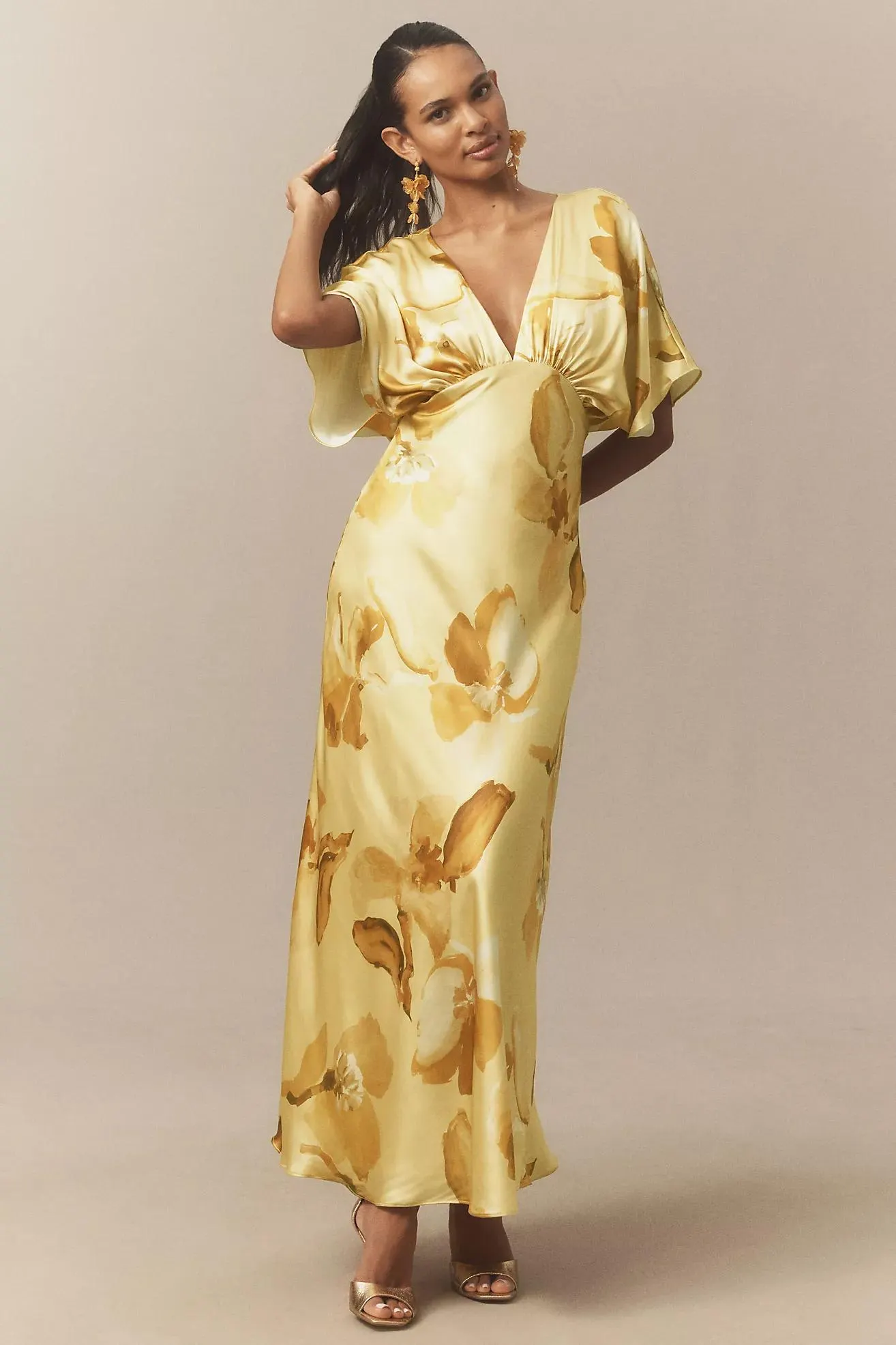 BHLDN Amelia Deep-V Flutter-Sleeve Satin A-Line Gown