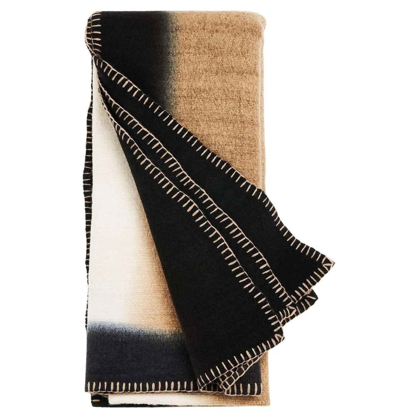 Siro Brown & Off White Ombre Textured Modern Throw In Merino & Hand Stitched Hem