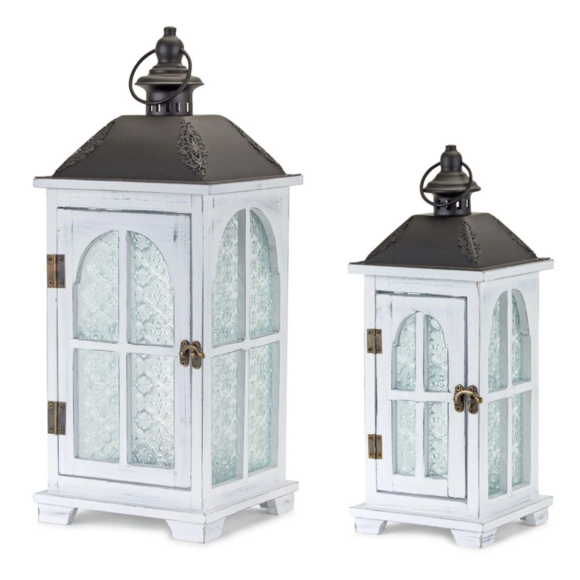 White Wood Lantern with Ornate Frosted Glass, Set of 2