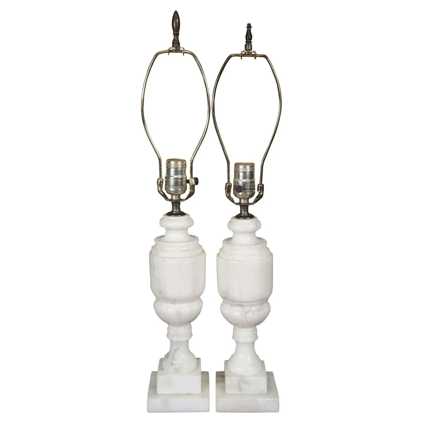 2 Antique Victorian Carved White Marble Alabaster Trophy Urn Table Lamps 24"