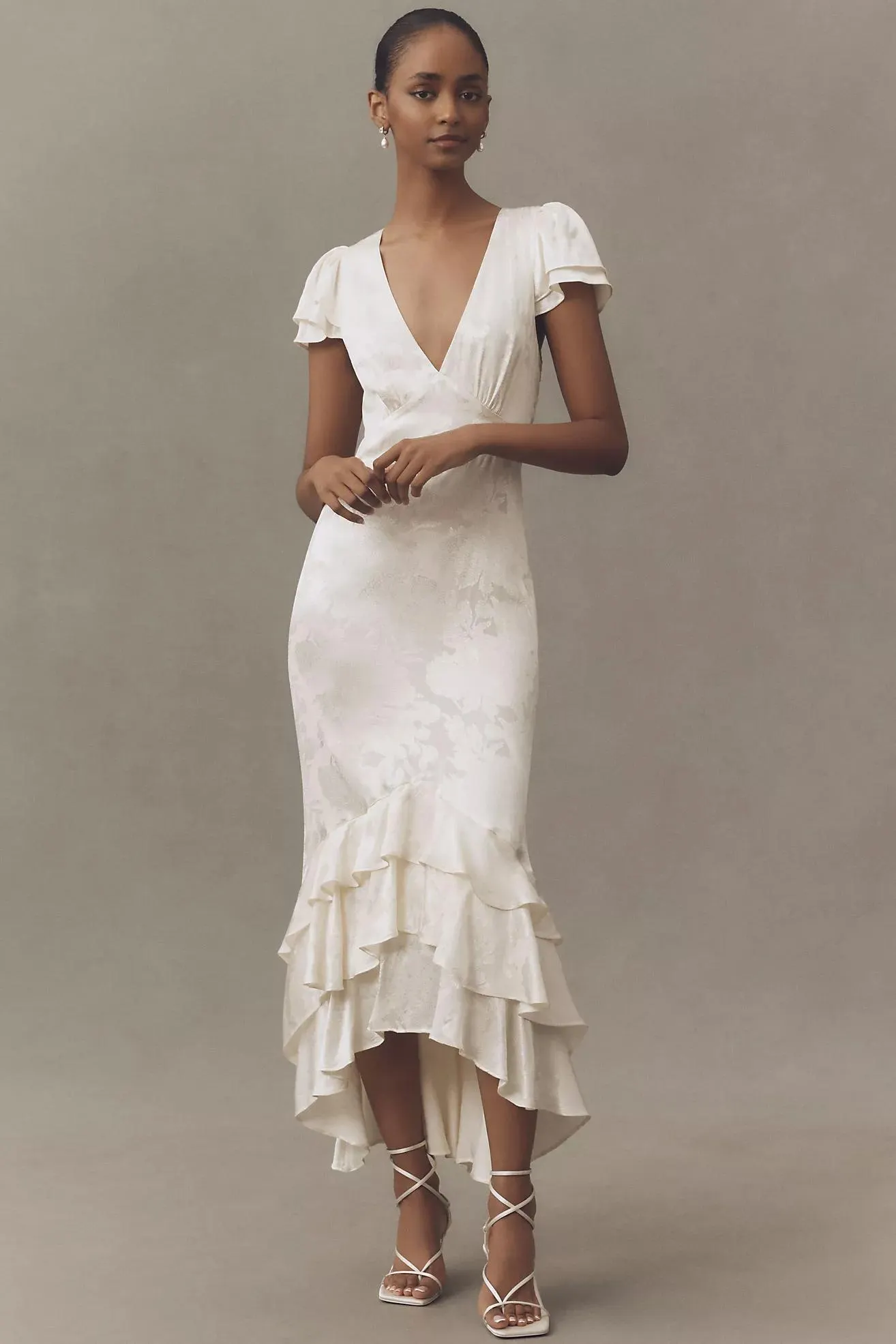 BHLDN Ruffle V-Neck Textured Midi Dress