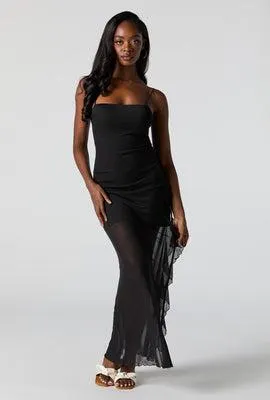 Mesh Ruffled Slit Maxi Dress
