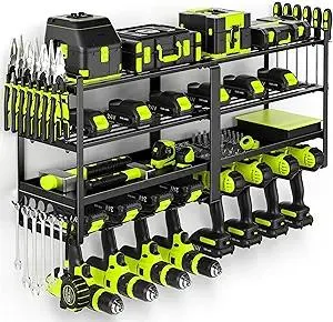 33" W Large Power Tool Organizer Wall Mount Loads 400 lbs, Heavy Duty 8 Drills Holder, 4-Tier Cordless Tool Battery Storage Shelf, Utility Racks for Garage Workshop Shed, Gifts for Men Husband