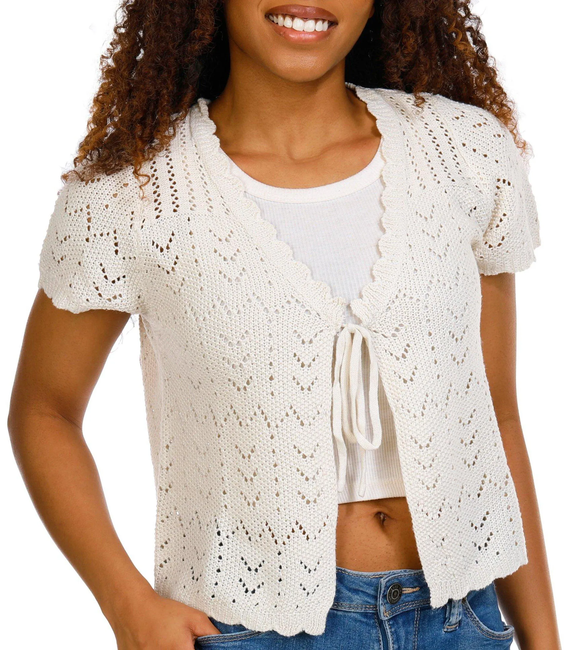 Rebellion Juniors Crochet Button Down Tie Front Cardigan