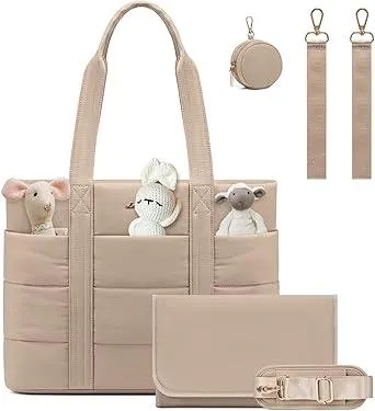 LOVEVOOK Diaper Bag Tote, 15.6inch Puffer Baby Diaper Bag Waterproof Travel Diaper Tote with Changing Pad Pacifier Case