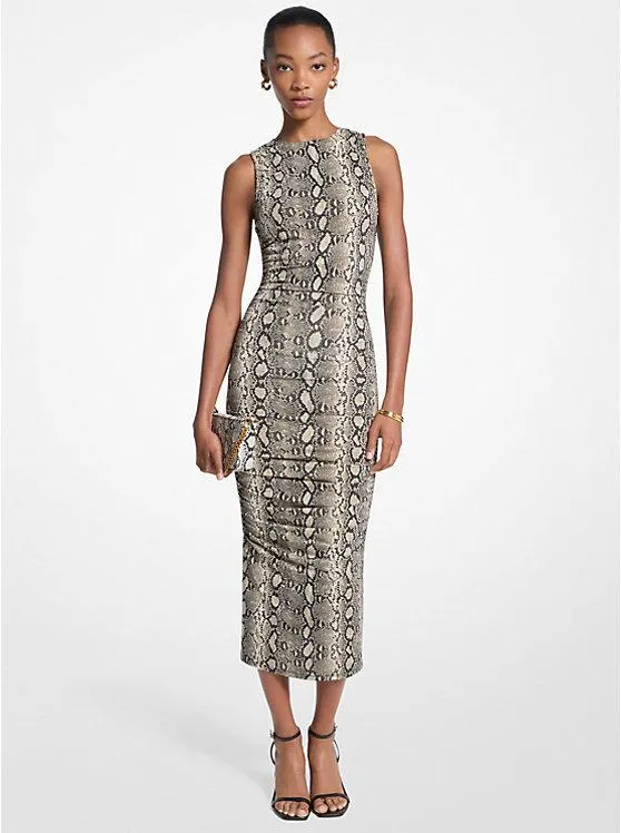 Snake Print Stretch Jersey Ruched Midi Dress