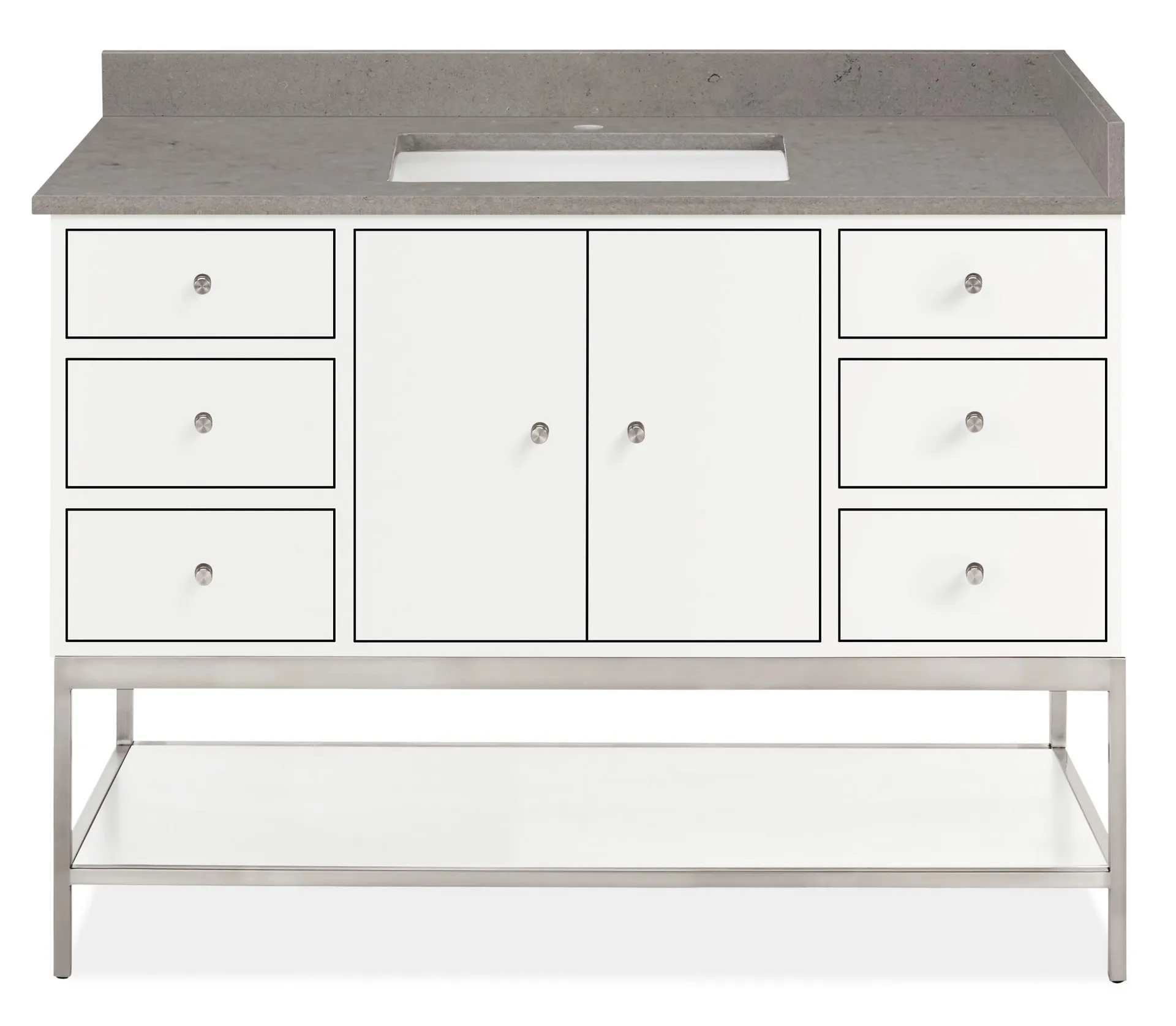 Linear 47.25w 21.75d Vanity w/Shelf & Left OH in White w/RECT 1-Hole Fog Sink