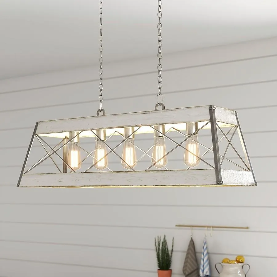 Progress Lighting Bradberry 5 -Light Antique White with Galvanized Accents Farmhouse Linear Large Hanging Kitchen island light