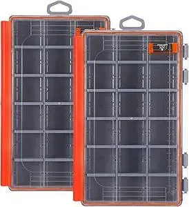 2PCS Waterproof Fishing Tackle Box,3600 Tackle Tray,Clear Plastic Fishing Lure Organizer with Removable Dividers,Storage Box for Lures, Hooks,Sinkers and Floats(Orange)