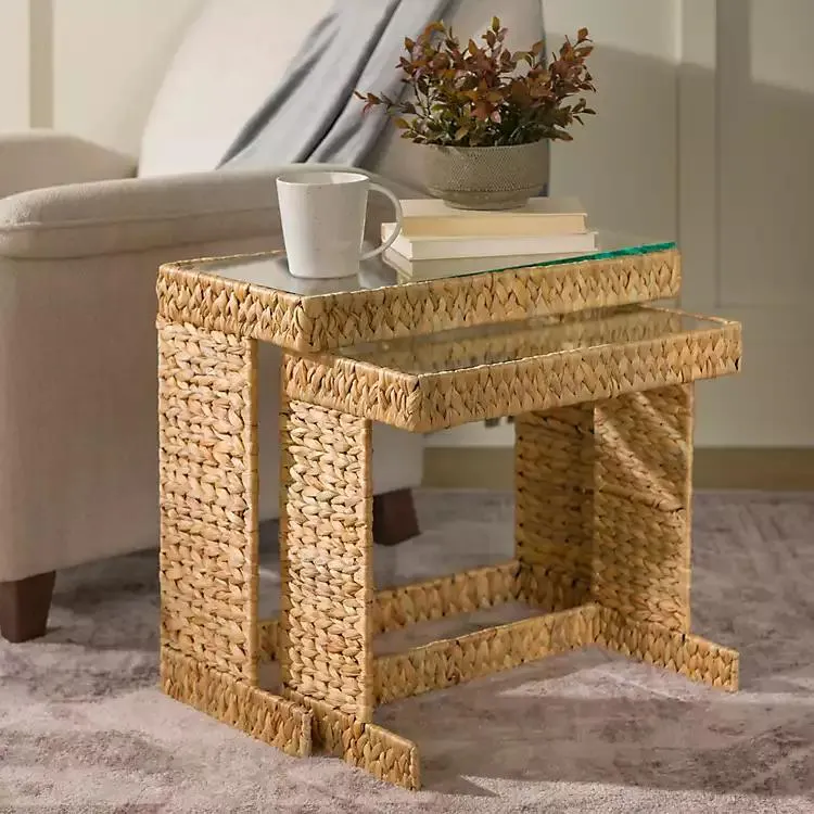 Natural Hyacinth Glass Nesting Tables, Set of 2