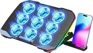 Laptop Cooling Pad, Gaming Laptop Cooler with 9 Quiet Fans, Laptop Cooling Stand for 12-17 Inch, Laptop Computer Fan with 5 Height Adjustable,2 USB Ports,1 Phone Stand