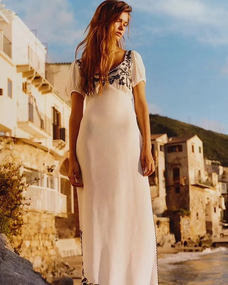 Embroidered empire-waist slip dress