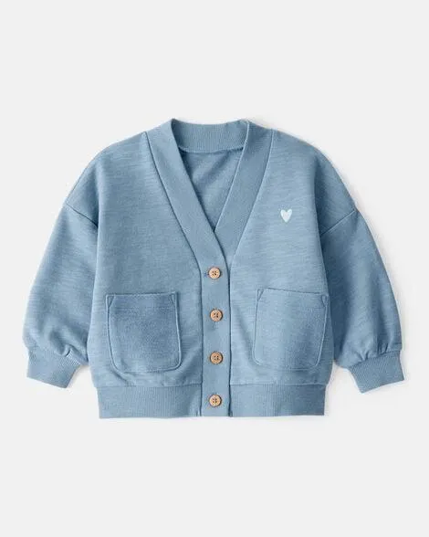 Baby Girl Heart Cotton Long-Sleeve Cardigan Sweater - Blue