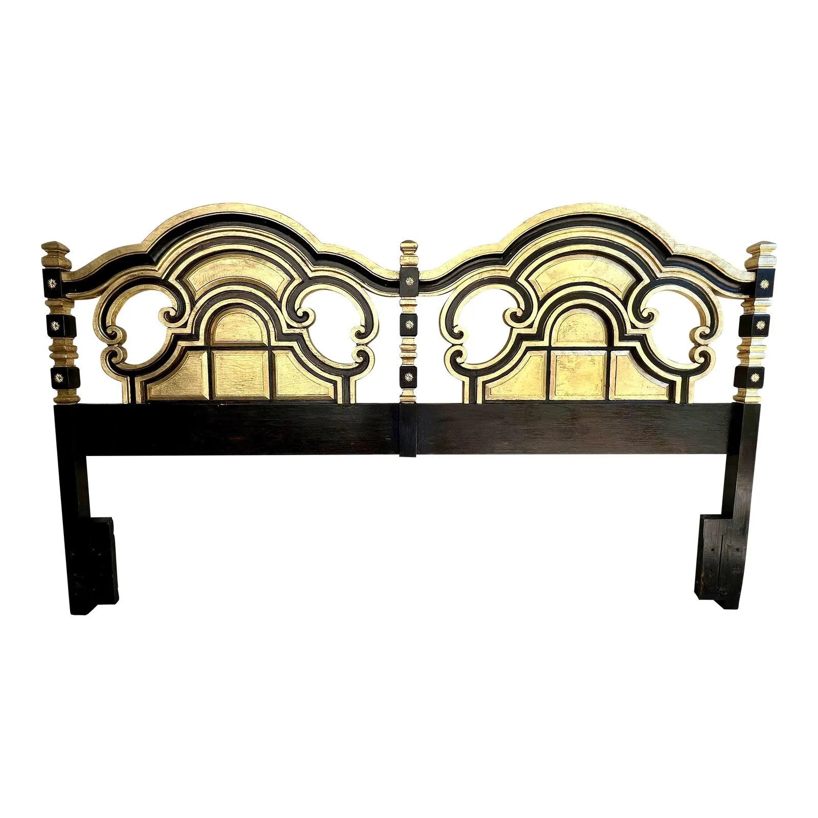 Newly Painted Black and Gilded Mid Century Hollywood Regency Mediterranean Style King Size Headboard