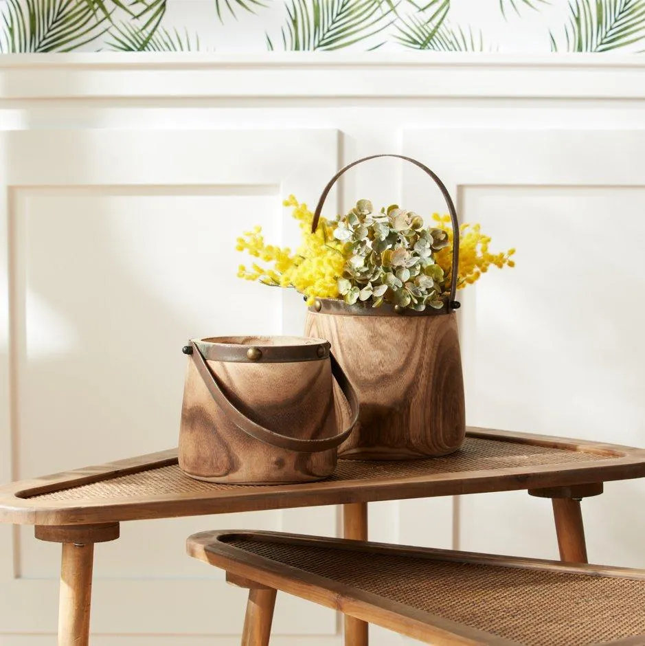 Light Wooden Pail Planter with Metal Handle Accent, Set of 2