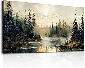 FUHAIHUA Canvas Wall Art For Living Room Large Wall Decor For Bedroom Modern Office Wall Decorations Forest River Landscape Paintings Farmhouse Pictures Artwork Room Aesthetic Home Decor 20x40 In