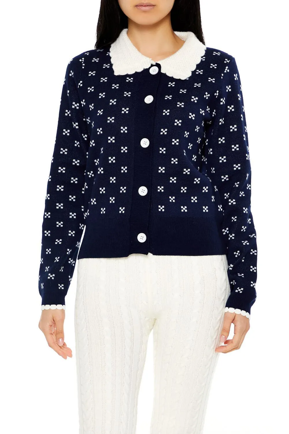 Contrast-Collar Geometric Cardigan Sweater