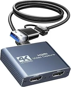 4K Capture Card for Streaming, HDMI to USB 3.0/Type-C Audio Video Capture Card Device 1080P 60FPS Recording with Low Latency, Works for Nintendo Switch/PS5/PS4/Xbox/Camera/PC, External TV Tuners