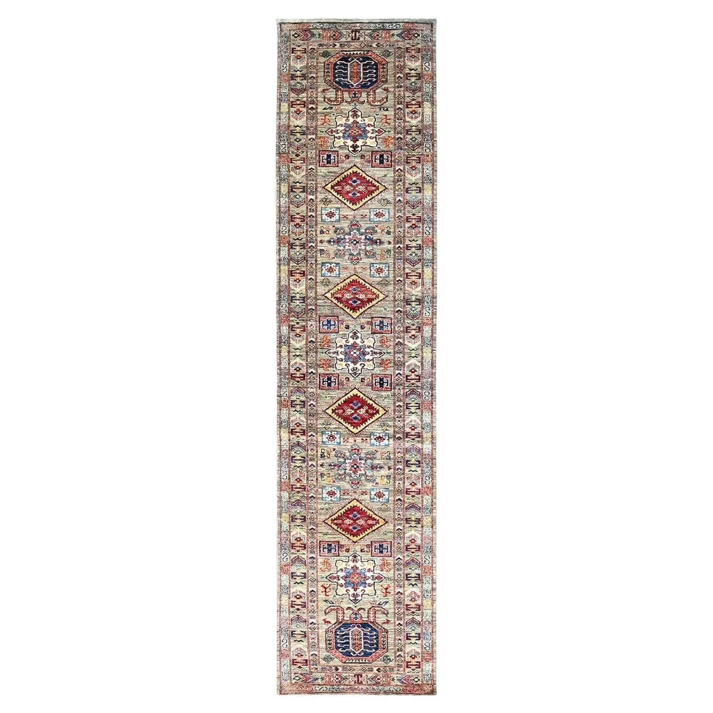 2'9"x11'7" Sage Gray Wool Densely Woven Afghan Super Kazak Runner Oriental Rug