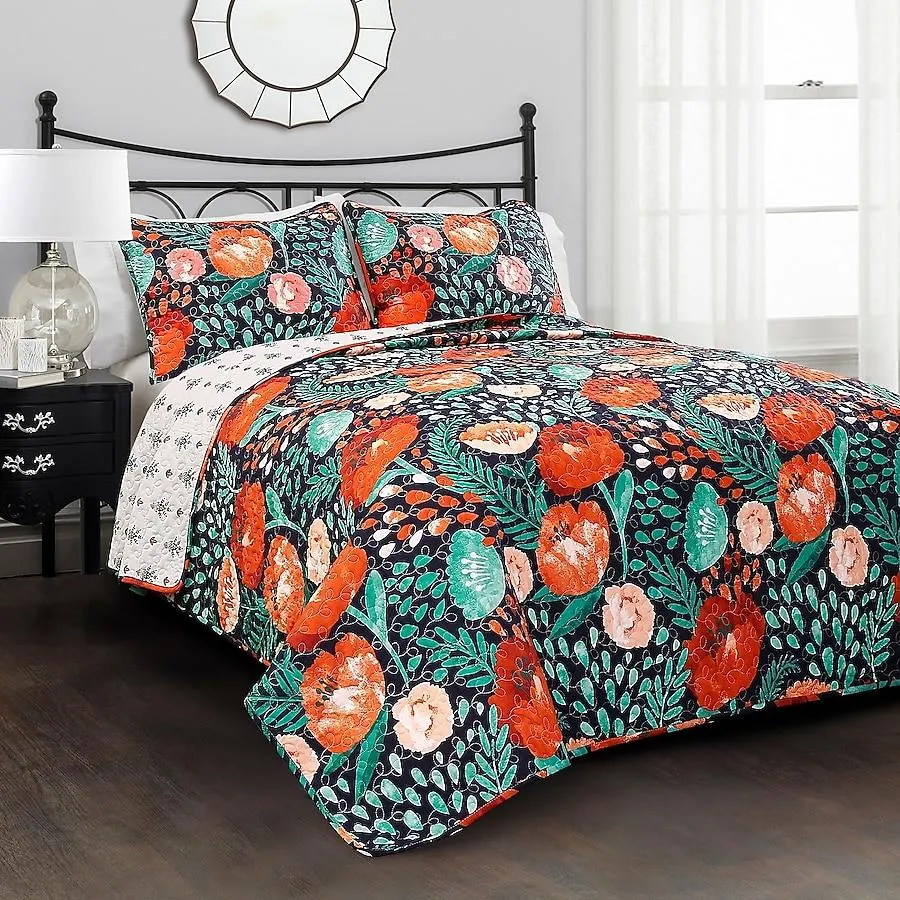 Lush Decor Navy Floral Reversible Full/Queen Quilt Cotton