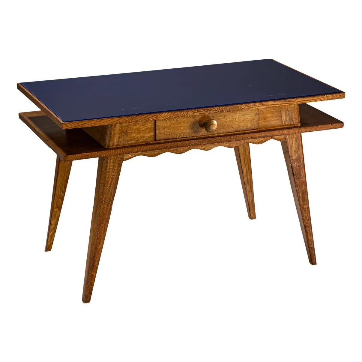 Mid-20th Century Oak Desk with Blue Glass Top, Italy