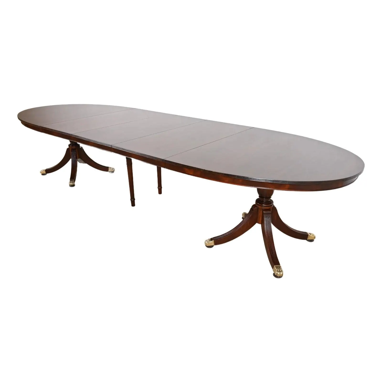 Baker Furniture Style Georgian Banded Mahogany Double Pedestal Extension Dining Table, Newly Refinished