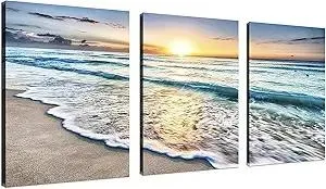 TutuBeer 3 Panel Beach Canvas Wall Art for Home Decor Blue Sea Sunset White Beach Painting the Picture Print on Canvas Seascape the Pictures for Home Decor Decoration,Ready to Hang