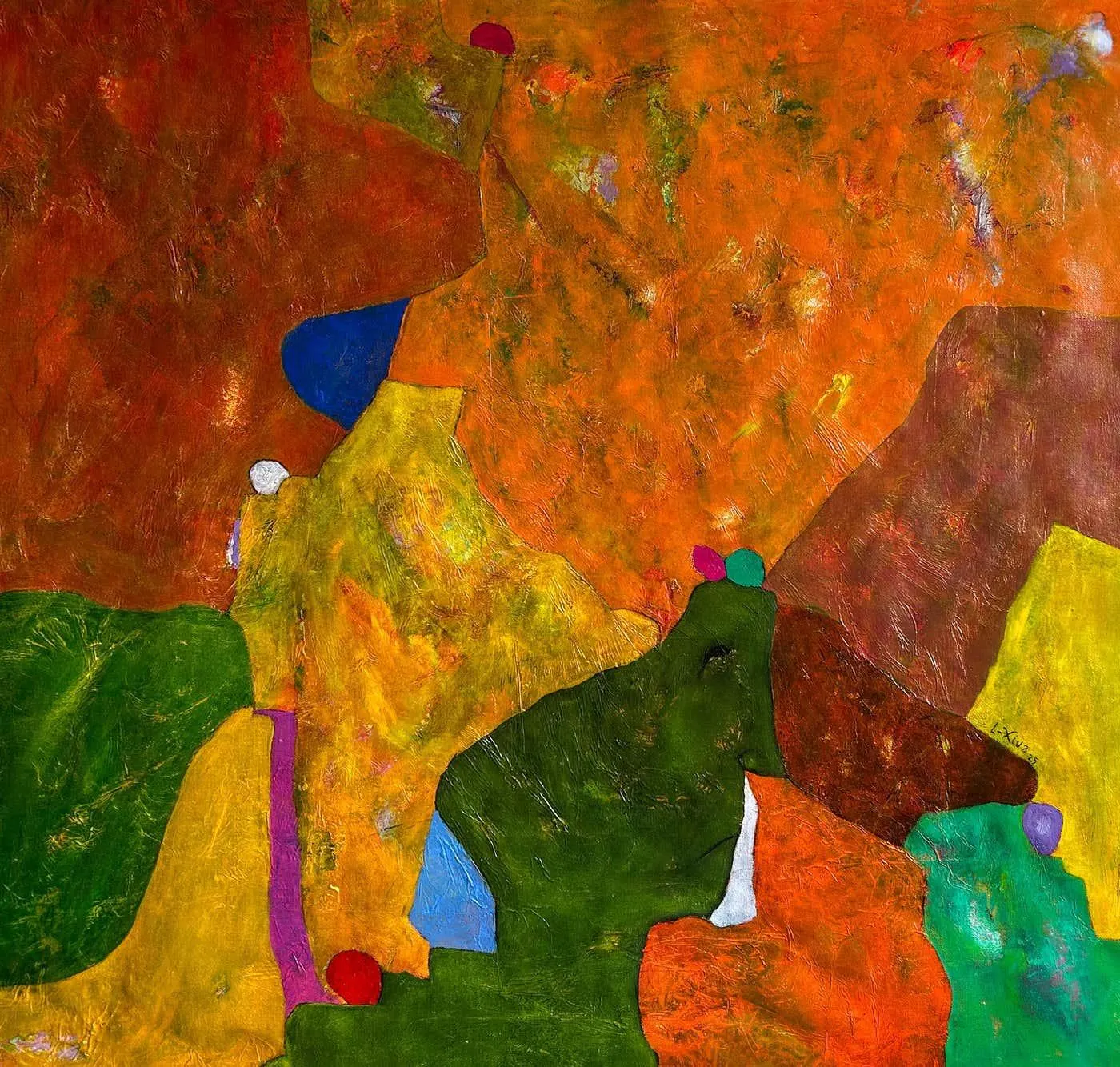Luis Alexander Rodríguez (Ie-Xiua) Contemporary Abstract Oil Painting In Orange, Yellows and Green, "Untitled" 2024 2024