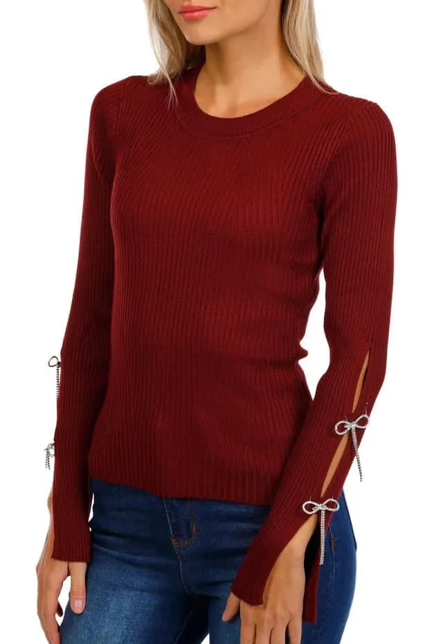 Madden Girl Juniors Long Sleeve Rhinestone Bow Rib Top