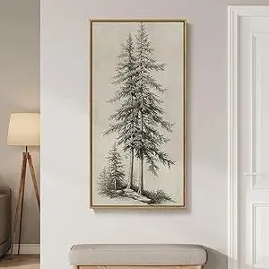 Framed Vertical Vintage Sketch Tree Living Room Wall Art, Large Black Beige Rustic Pine Artwork for Walls, Classic Antique Nature Forest Canvas Painting Print for Office Kitchen Foyer Stair 20x40 Inch