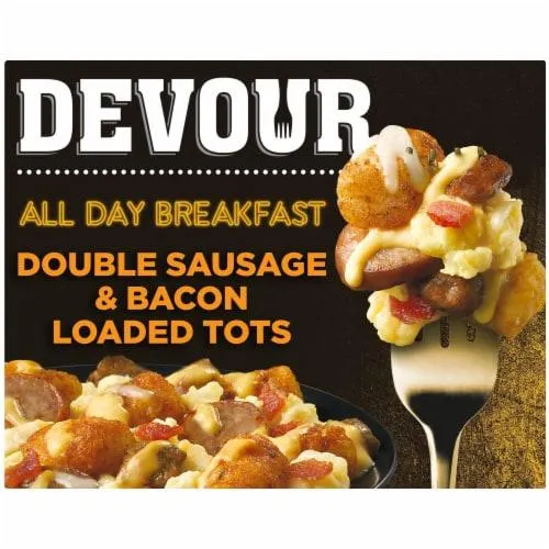 DEVOUR All Day Breakfast Double Sausage & Smoked Bacon Loaded Tater Tots Frozen Meal, Box
