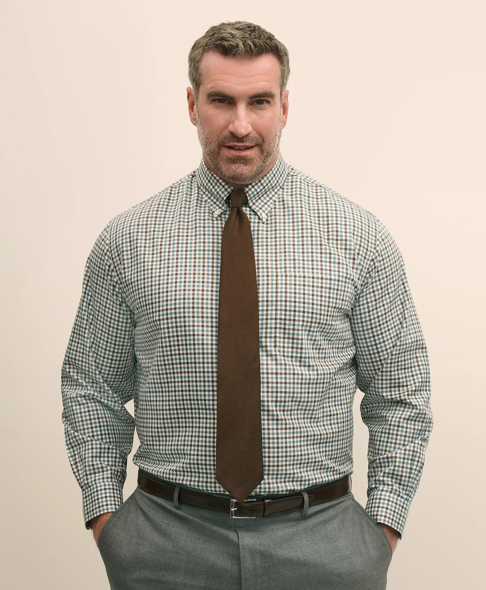 Big & Tall Stretch Supima ® Cotton Non-Iron Twill Polo Button Down, Check Sport Shirt